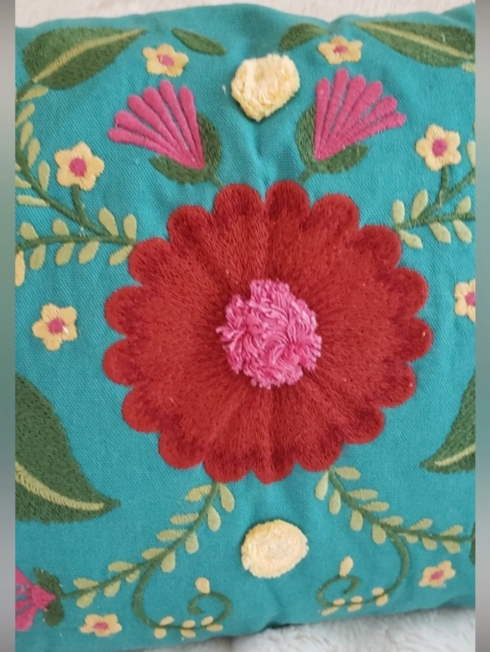 Pier 1 Embroidered Accent Pillow with Pom Pom Florals and Tassels NWT
